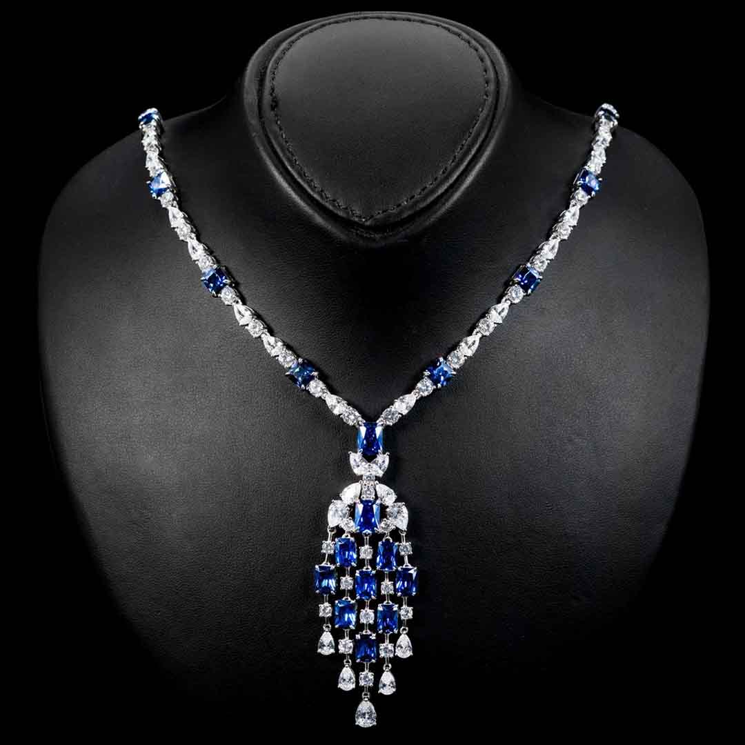 Omnia Israa Blue Necklace & Earrings Set In 925 Silver High Quality Simulated diamonds