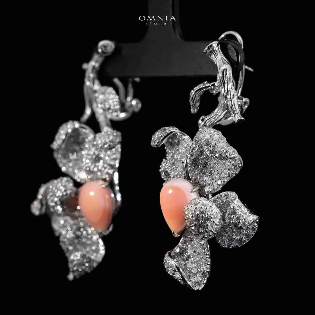 Omina Iman Pink Coral Leaf Earrings in 925 Silver with High Quality Simulated Diamond Stones
