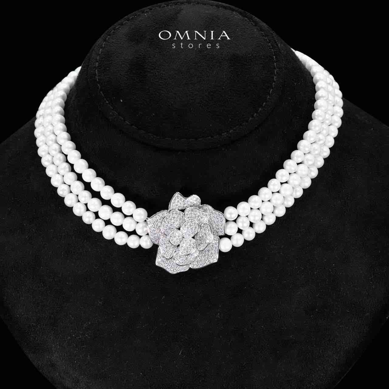 Omnia Nazira Silver Pearl Necklace and Flower Earrings in 925 Silver Accessories High Quality Simulated Diamonds