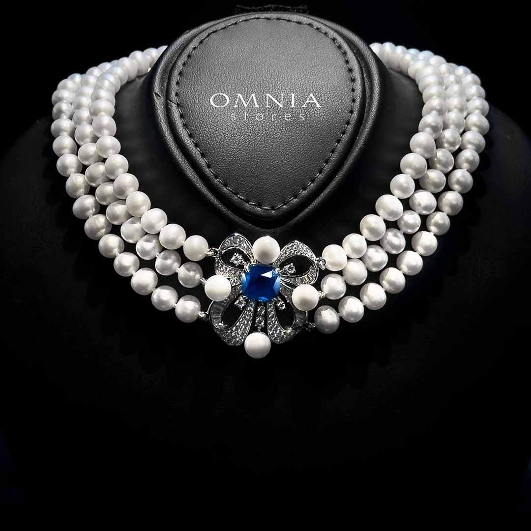 Mahboobeh Blue Pearl Necklace and Bracelet Set in 925 Silver with High Quality Simulated Diamonds