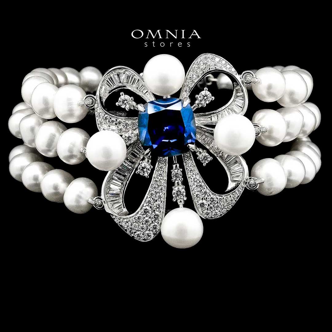 Mahboobeh Blue Pearl Necklace and Bracelet Set in 925 Silver with High Quality Simulated Diamonds