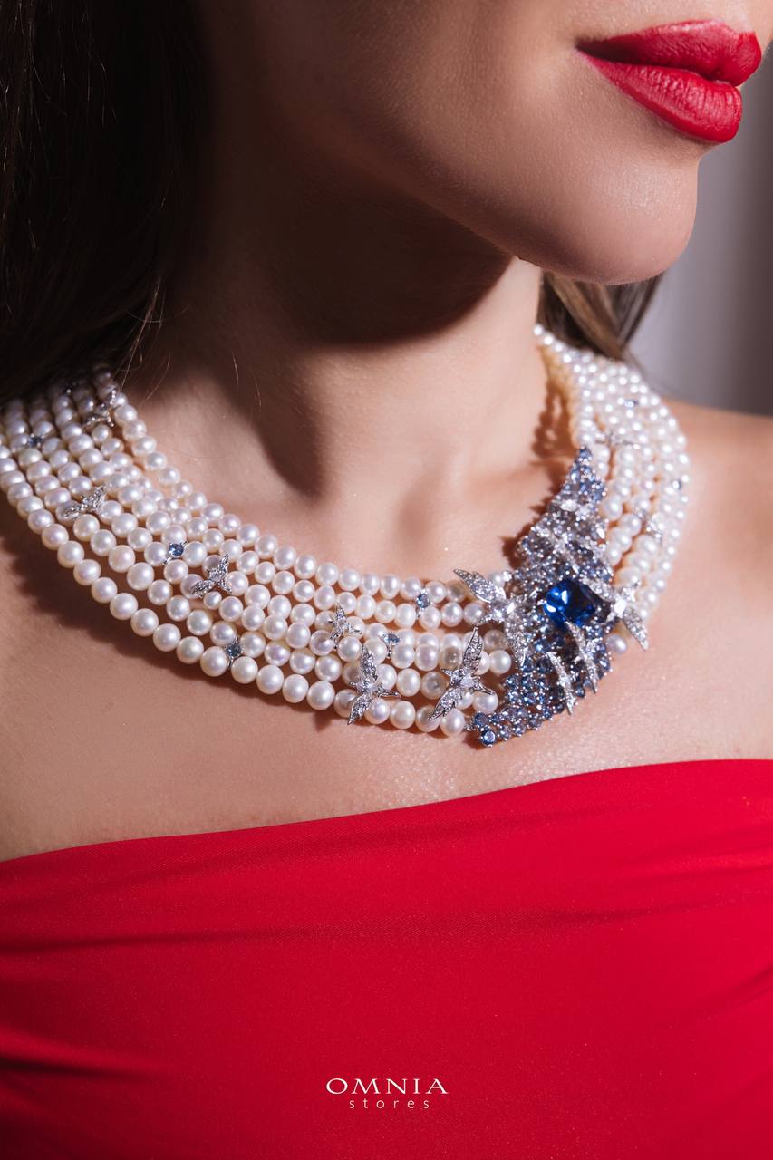 Omnia Blue Butterfly Pearl Necklace and Bracelet Set in 92.5 Silver with High Quality Simulated Diamonds