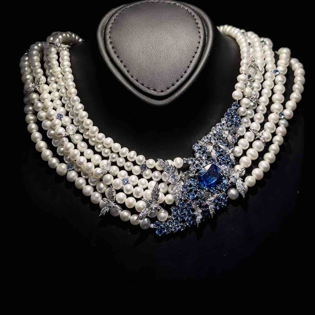 Omnia Blue Butterfly Pearl Necklace and Bracelet Set in 92.5 Silver with High Quality Simulated Diamonds