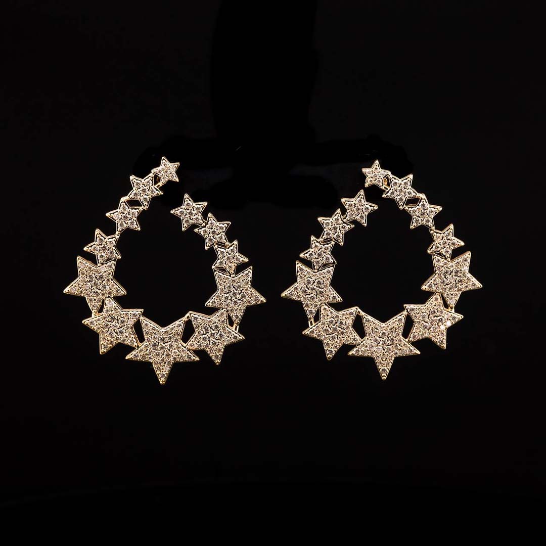 Omnia Najwan Gold Star-Cluster Hoop Earrings with High-Quality Zircon Stones in Rhodium-Plated Finish - OMNIASTORES UAE