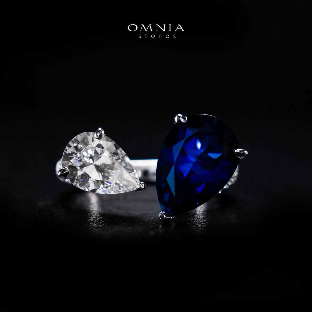 Omnia Ayda Dual Heart Blue and White Silver Ring In 925 Silver High Quality Certified Lab Crafted Stones