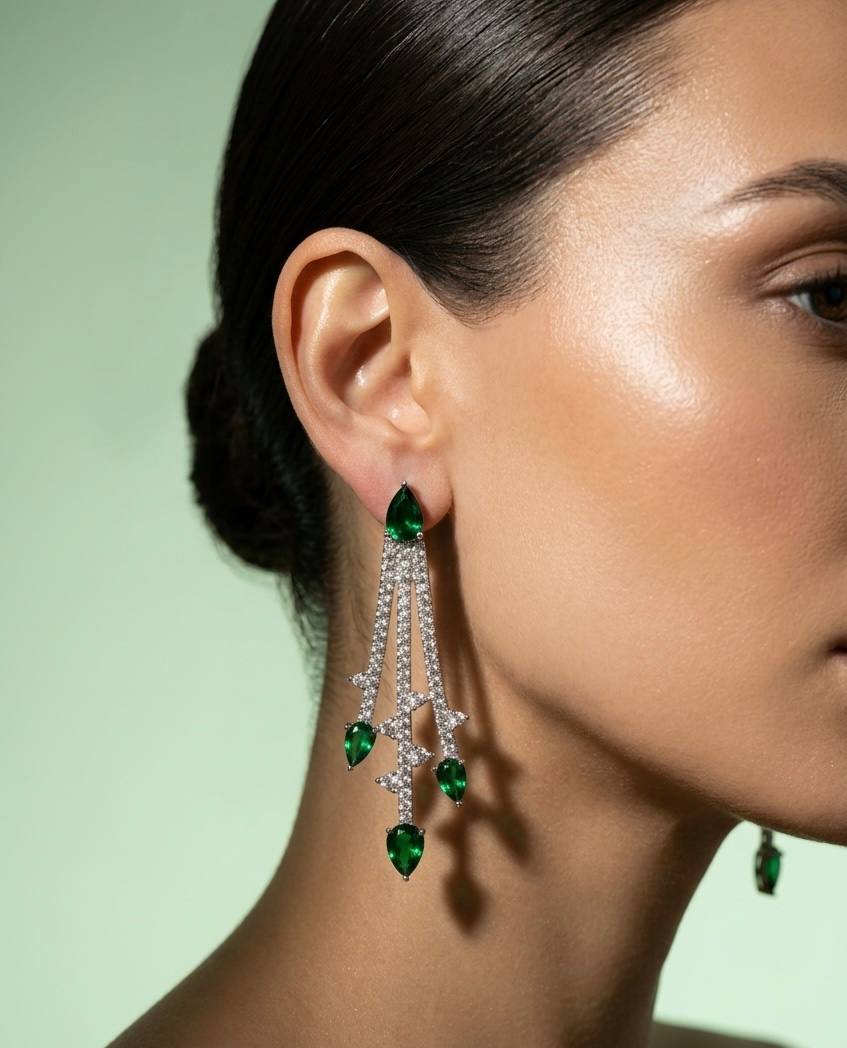 Yuliana Luxury Green Bridal Full Set with High-Quality Premium Zircon Stones, Rhodium-Plated