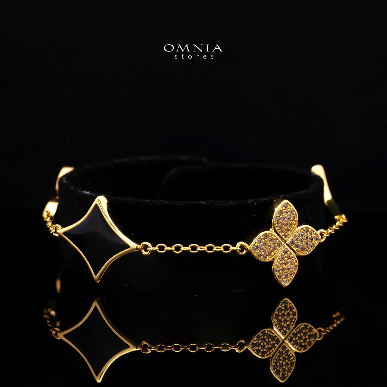 Omnia Golden Clove Black Long Chain Full Set with High-Quality Simulated Diamonds 18k Gold Plated 100cm