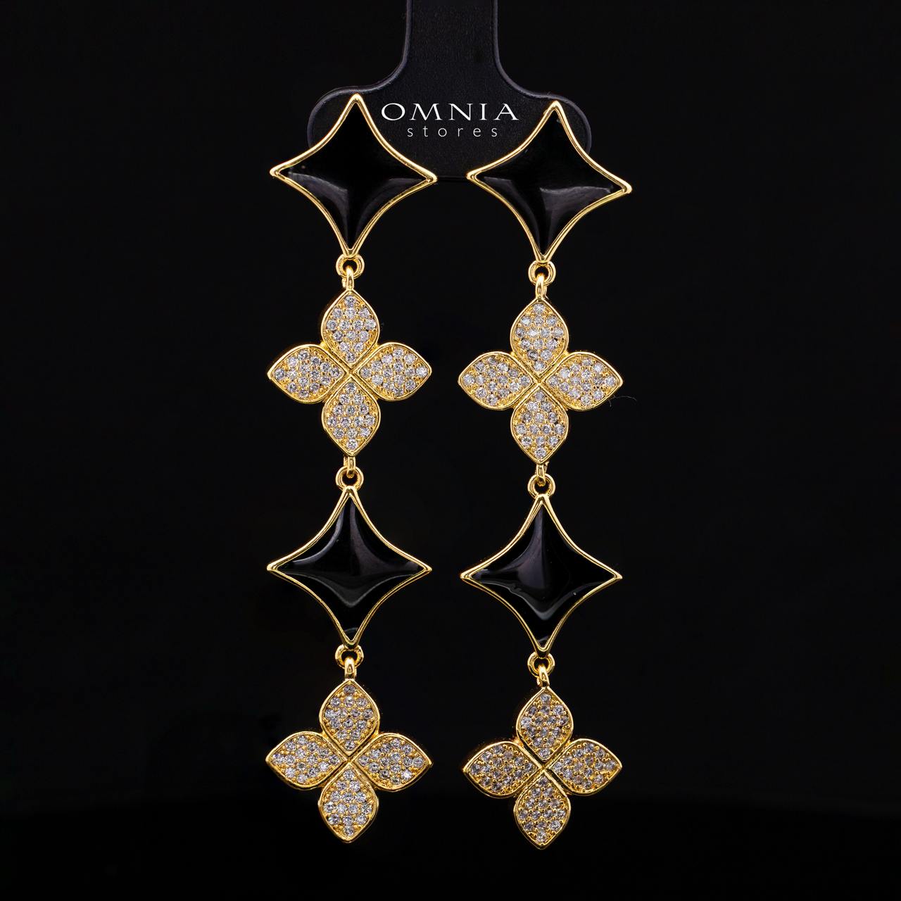 Omnia Golden Clove Black Long Chain Full Set with High-Quality Simulated Diamonds 18k Gold Plated 100cm