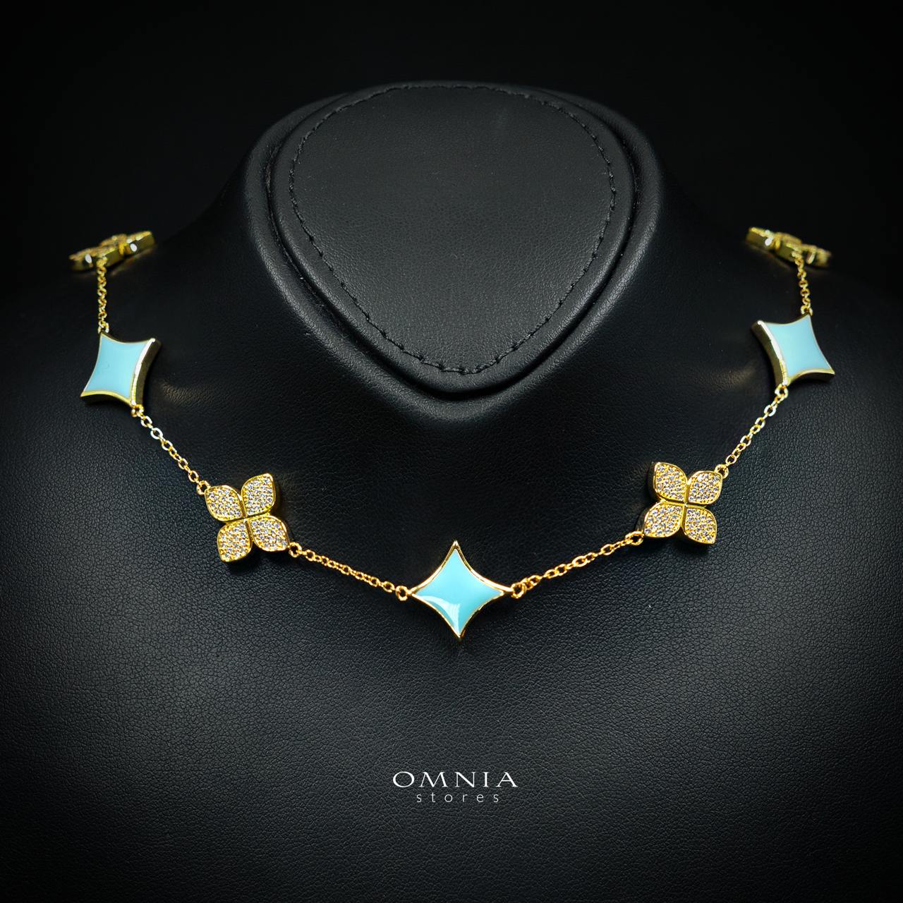 Omnia Golden Clove Turquoise Choker Full Set with High-Quality Simulated Diamonds Gold Plated