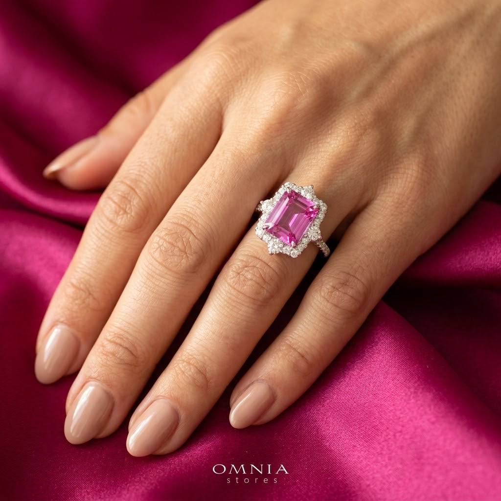 Nuwaira Lab-Grown Pink Sapphire Emerald-Cut Ring (8x11mm) with GRC Certificate in 925 Sterling Silver