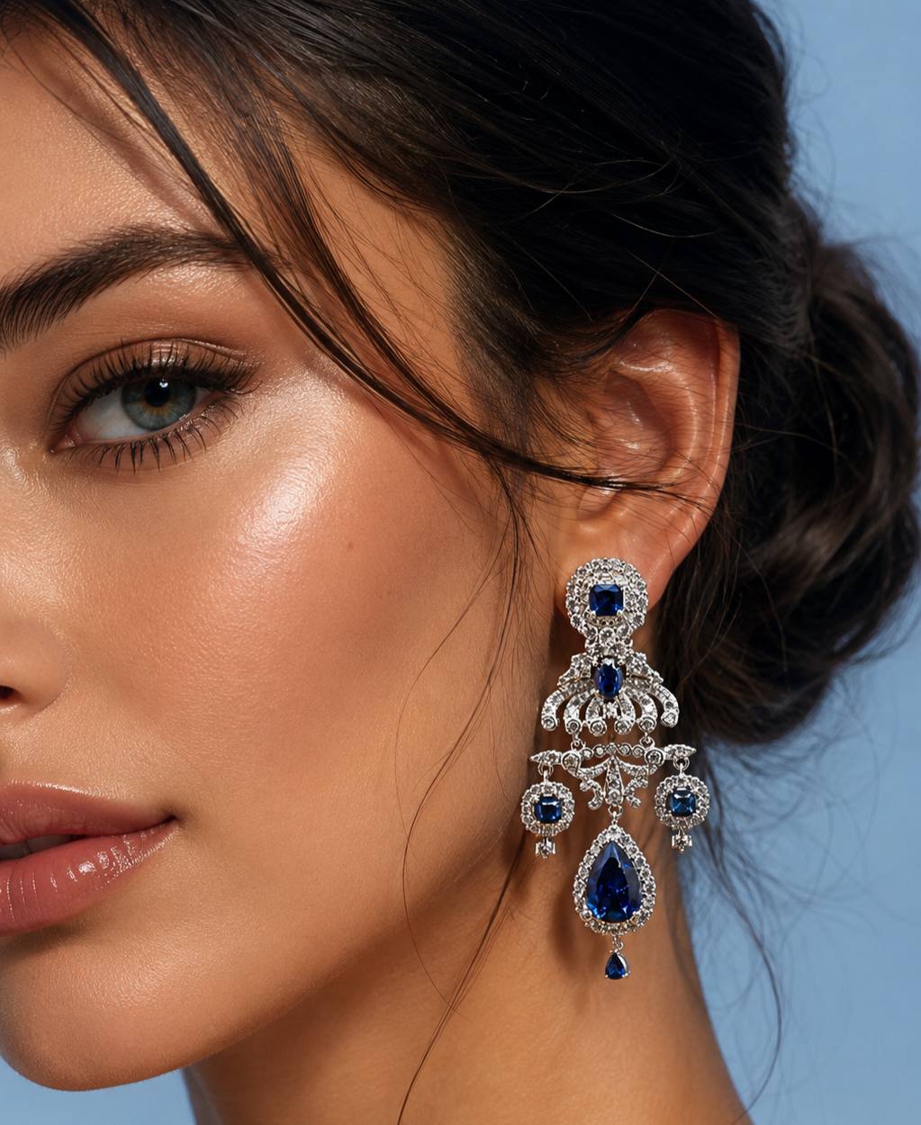 Omnia Amani Chandelier Earrings with Sapphire Blue Simulated Diamonds in 925 Silver