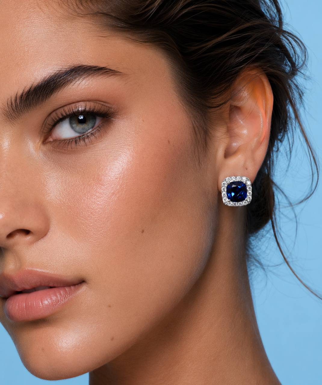 Dareema Lab Grown With GRC Certified Sapphire Blue Stones Square Stud Earrings in 925 Silver