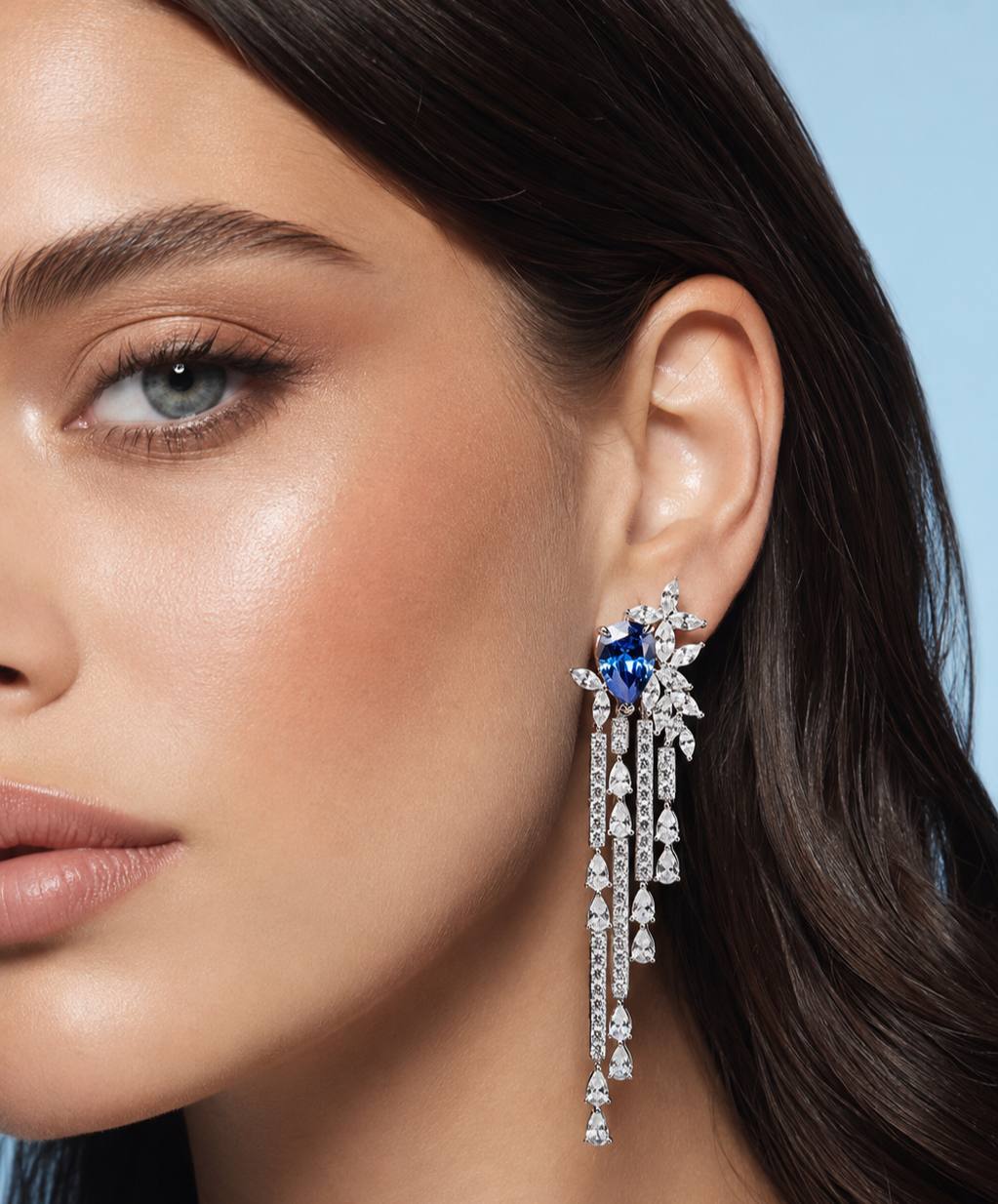 Abir Blue Drop Earrings with Premium Simulated Diamonds in 925 Sterling Silver