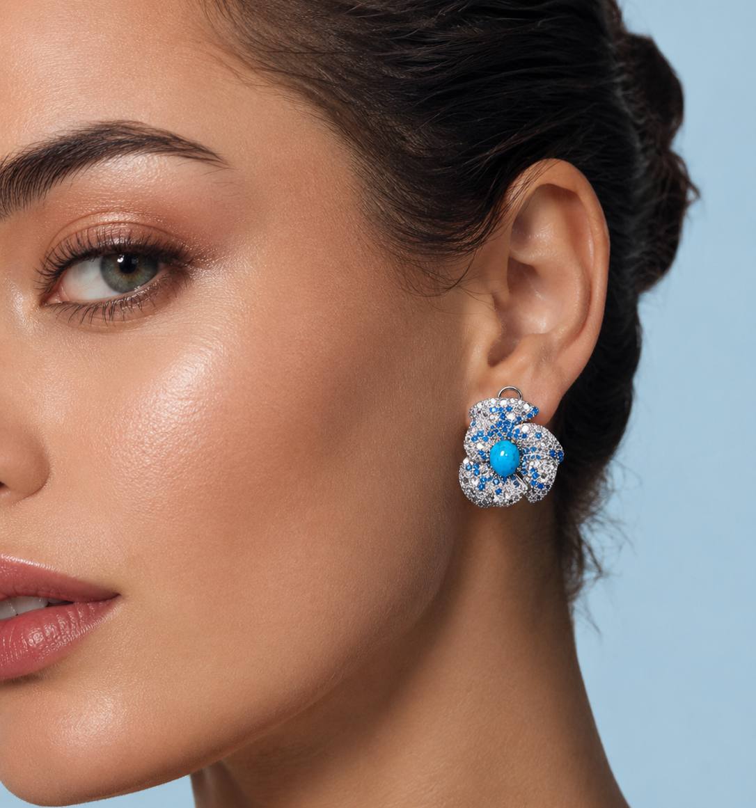 Omnia Suhad Sky Blue Coral Flower Silver Earrings in 925 Silver High Quality White and Sky Blue Simulated Diamond Stones