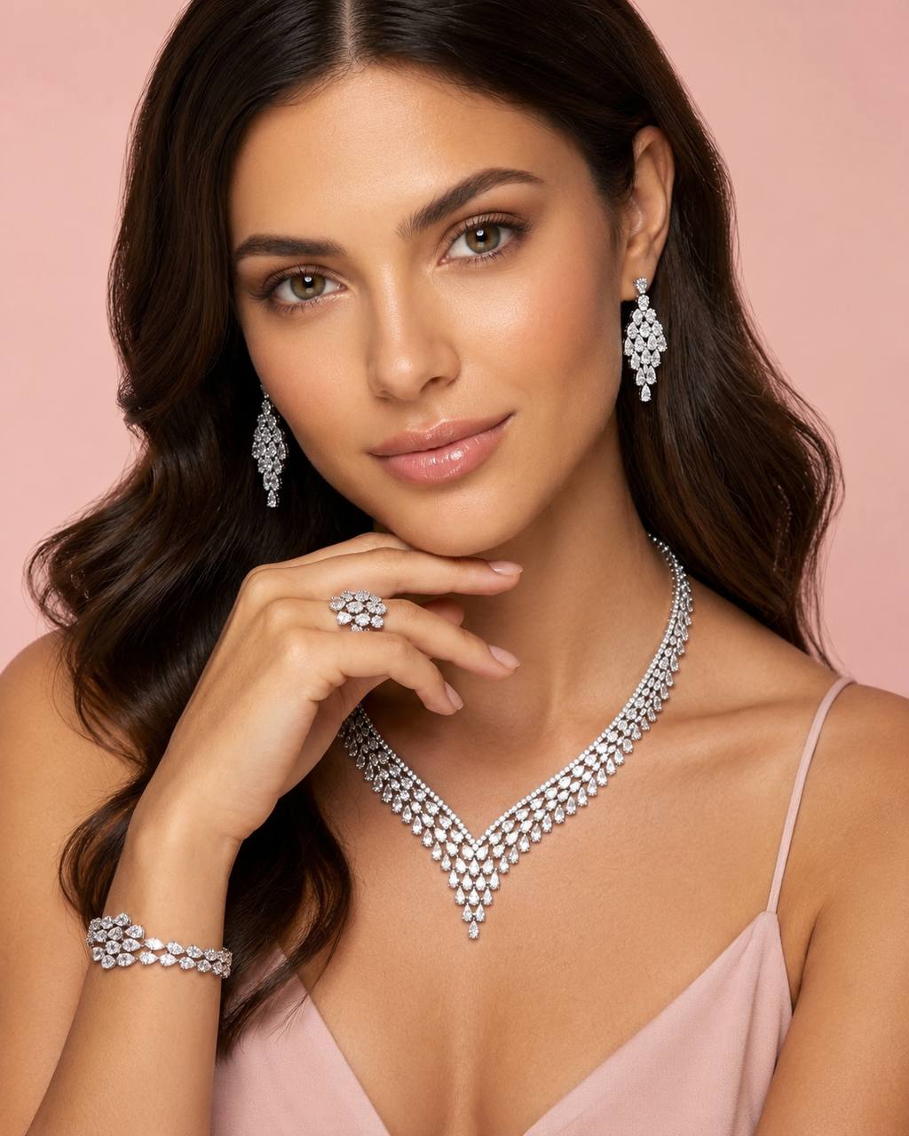 Omnia Dalilah White Luxury Bridal Full Set In Rhodium Plated with High Quality Zircon Stones