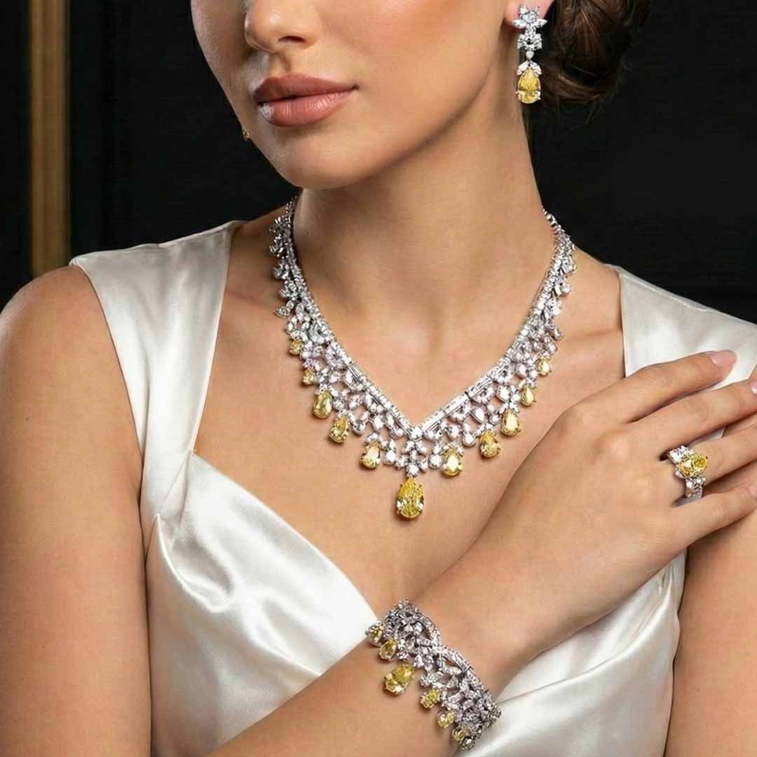 Omnia Princess Bridal Full Set with Pear-Cut White and Yellow High-Quality Simulated Diamonds Rhodium Plated - OMNIASTORES UAE