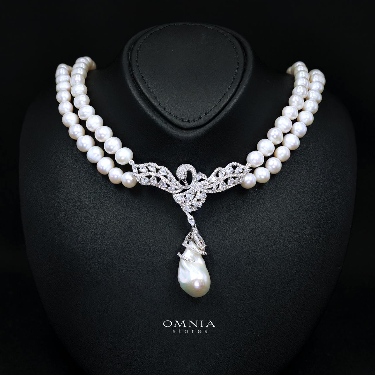 Talinara Pearl Necklace and Earrings Set with High-Quality Premium Simulated Diamonds in 925 Sterling Silver