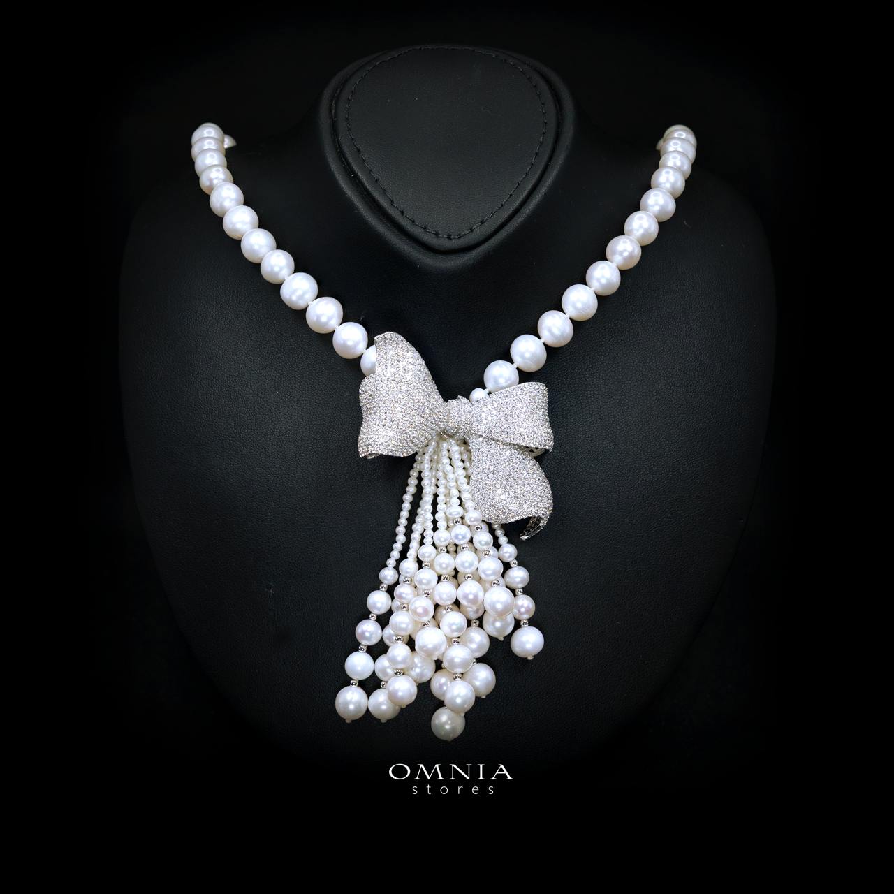 Mahzuna Pearl Necklace and Earrings Set with High-Quality Premium Simulated Diamonds in 925 Sterling Silver