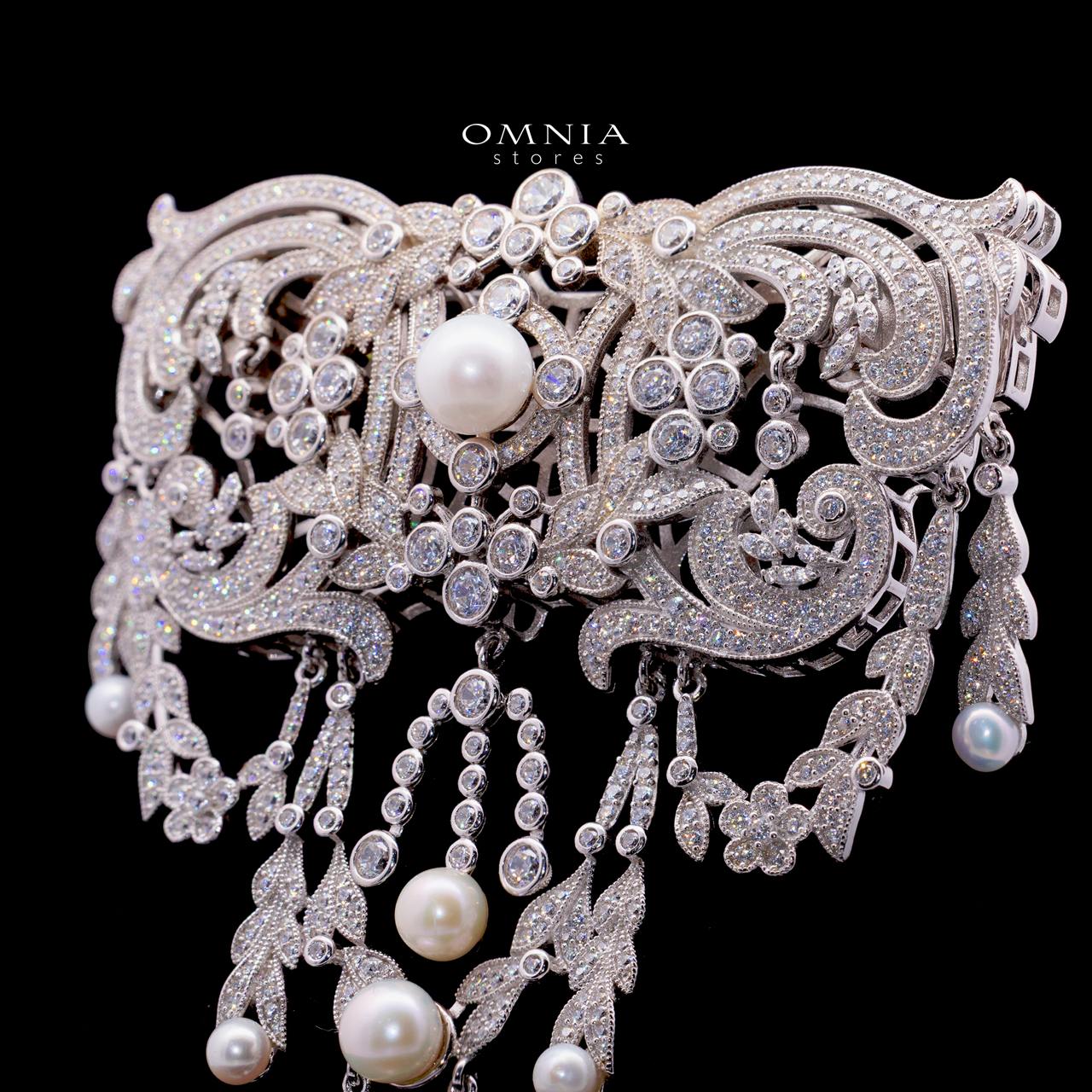 Marjorie Pearl Brooch with High-Quality Premium Simulated Diamonds in 925 Sterling Silver