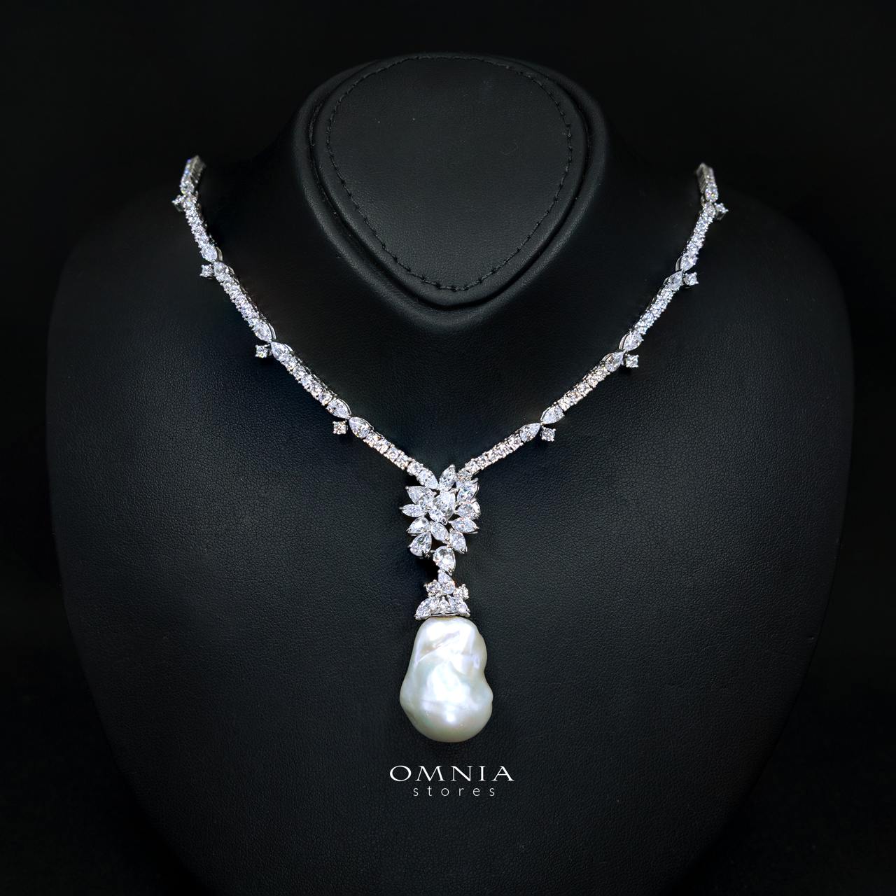 Ruhaina Pearl Necklace and Earrings Set with High-Quality Premium Simulated Diamonds in 925 Sterling Silver