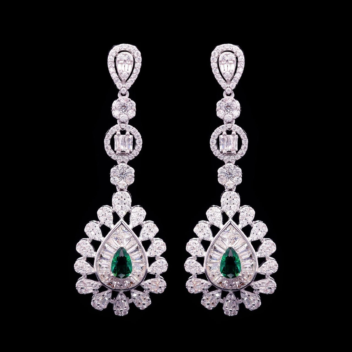 Omnia Ahad Bridal Green Long Chain Set In Rhodium Plated With High Quality Zircon Stones