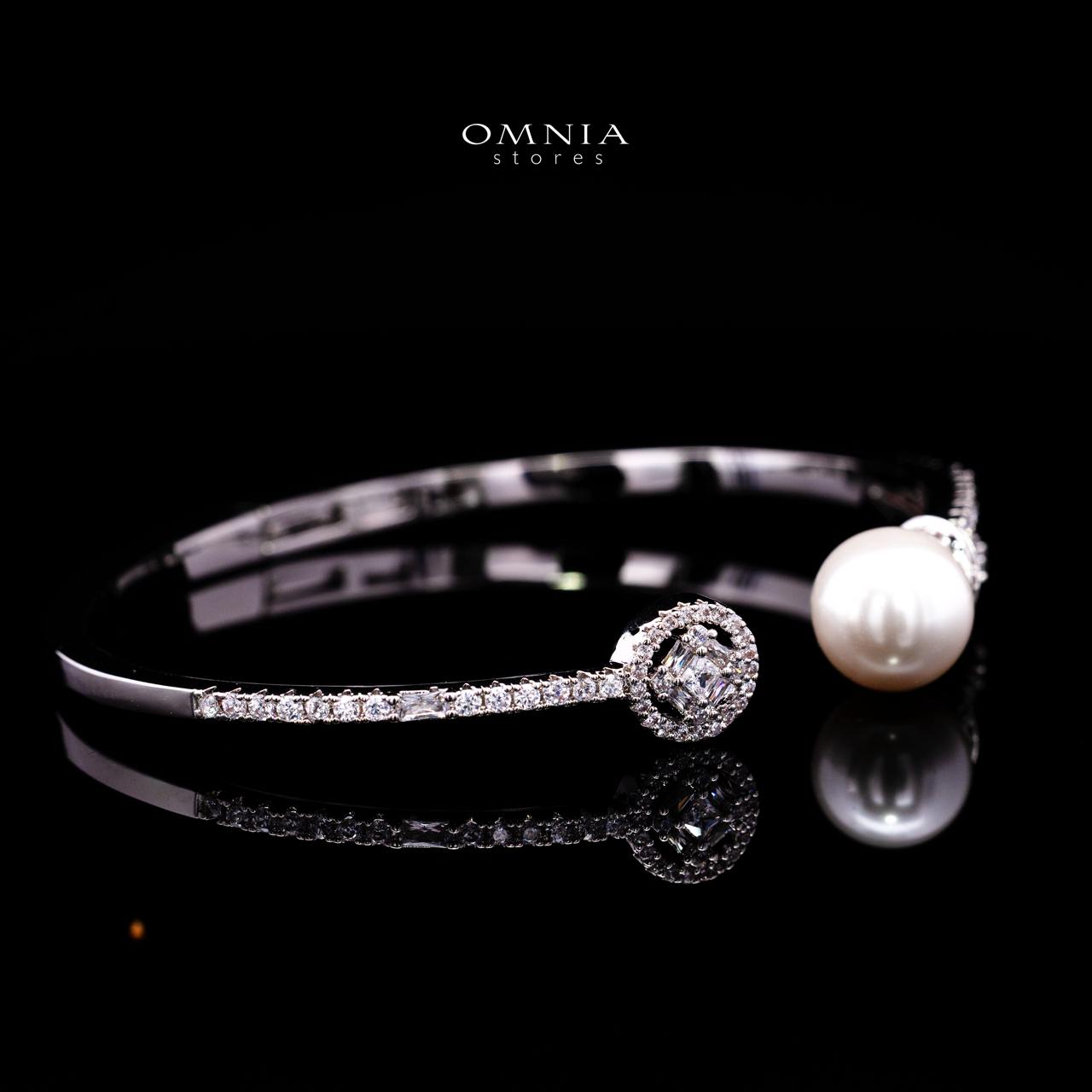 Nilda Pearl Bangle & Ring Set with Premium Simulated Diamonds in Rhodium-Plated Alloy
