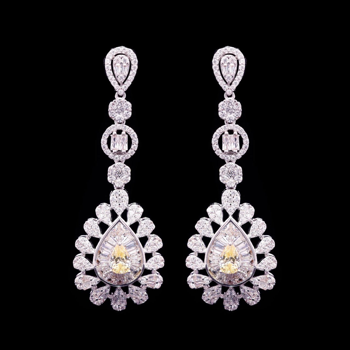Omnia Ahad Bridal Yellow Long Chain Set In Rhodium Plated With High Quality Zircon Stones