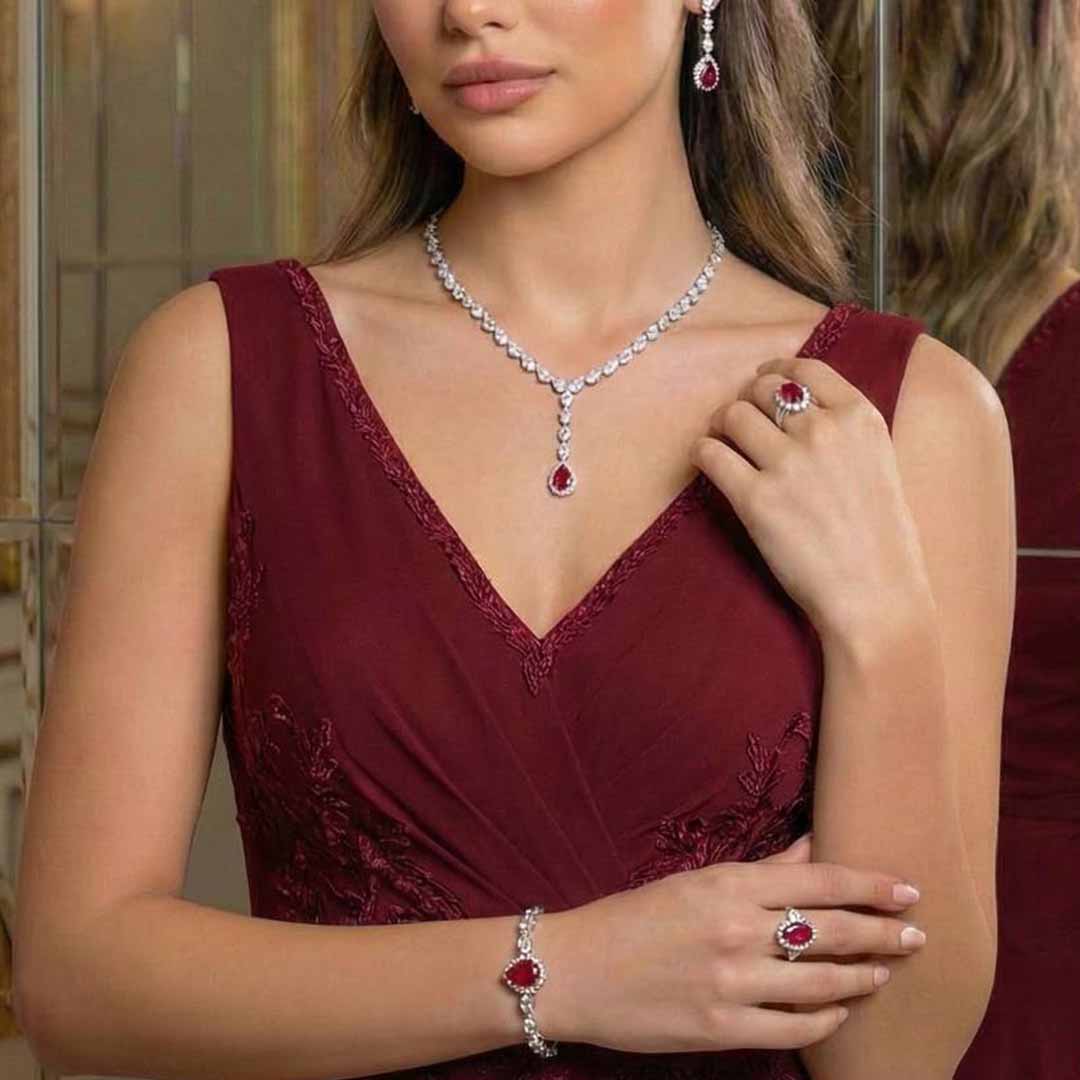 Omnia Radya Red Bridal Full Set in High Quality Zircon Stone Rhodium Plated - OMNIASTORES UAE
