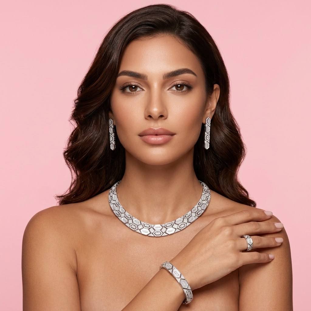 Omnia Raya Bridal Full Set Accessories in High Quality Zircon Stone in Rhodium Plated