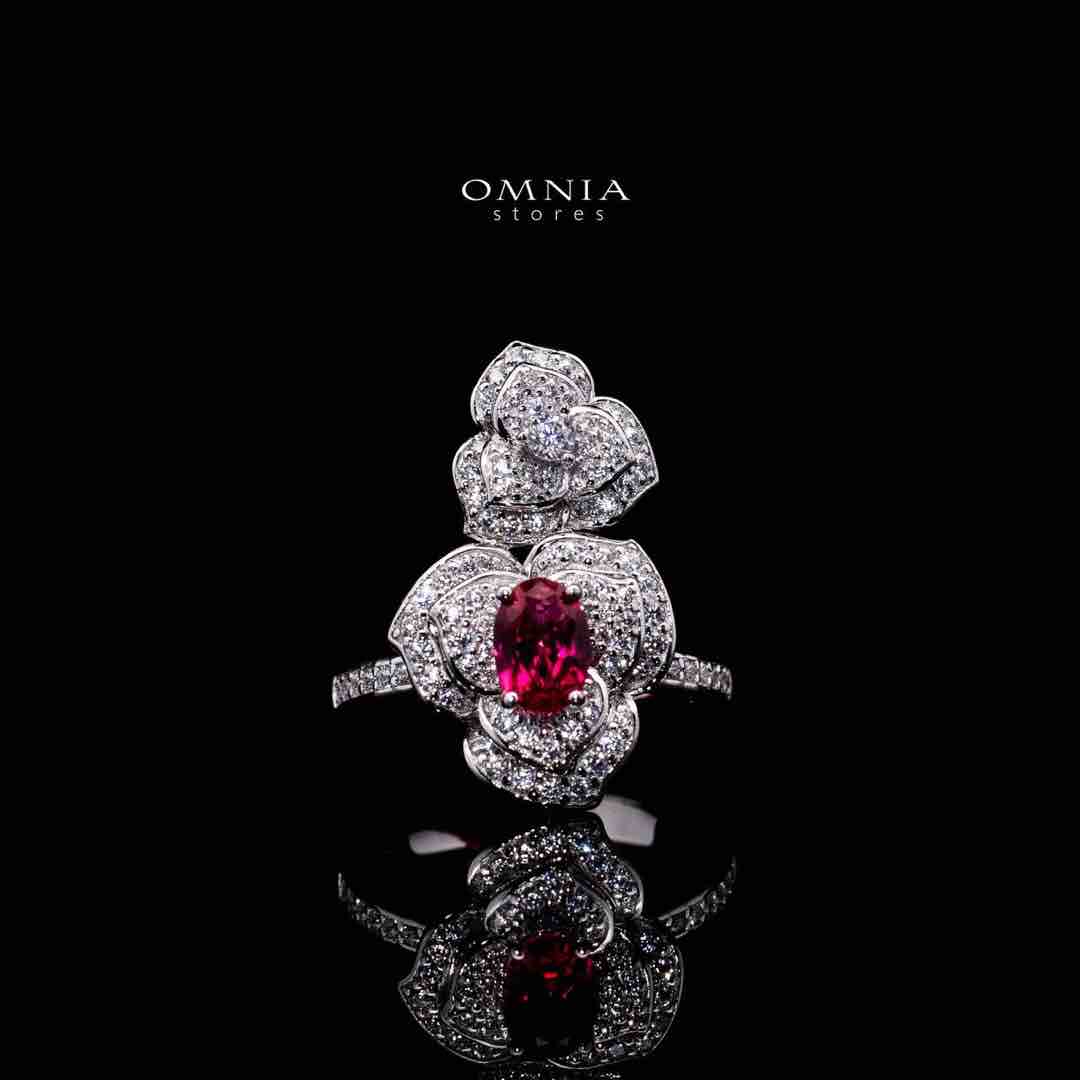 Omnia Nazeeya Red Floral Ring in 925 Silver with High Quality Simulated Diamonds