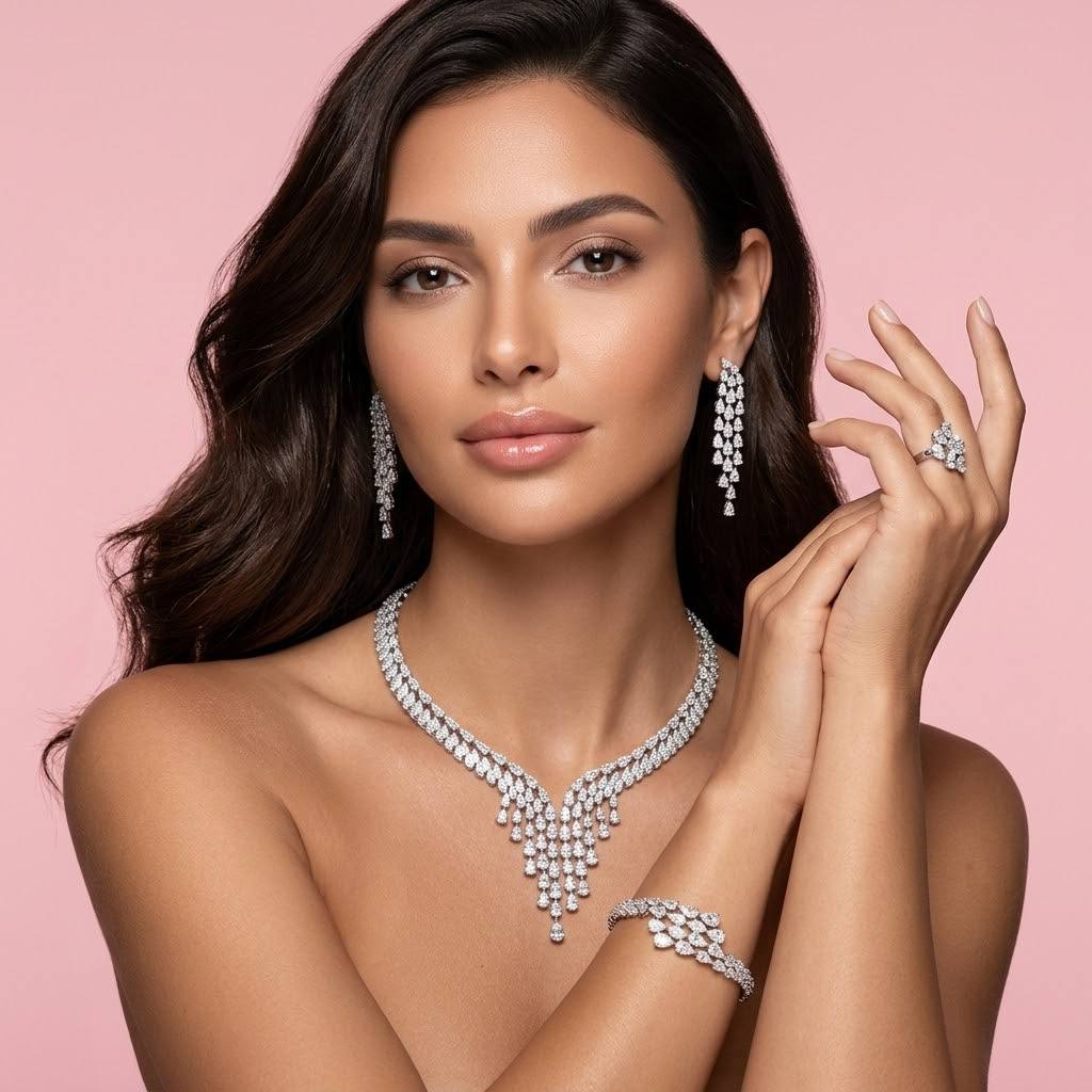 Omnia Senna Luxury Bridal White Full Set in High Quality Zircon Stone Rhodium Plated