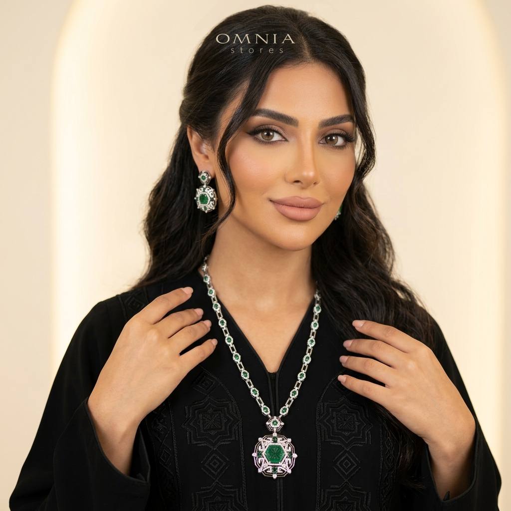 Omnia Siwar Silver Long Chain Necklace and Earrings Set 925 Silver in High Quality Green Simulated Diamonds Stones