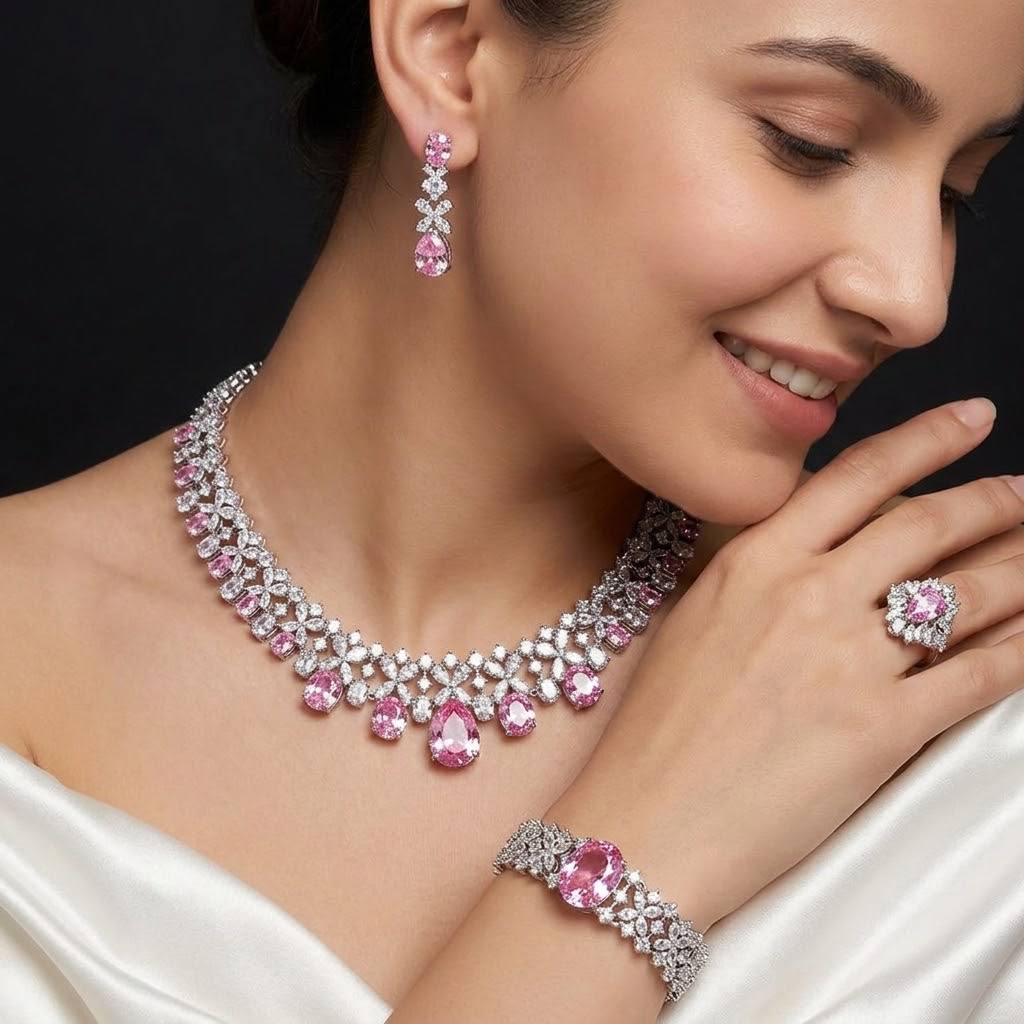 Omnia Suhana Pink Bridal Full Set with High-Quality Simulated Diamonds Rhodium Plated
