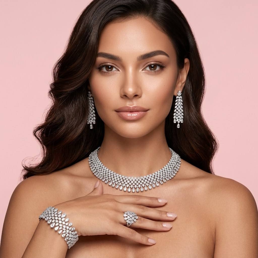 Omnia Taybah White Luxury Bridal Set In Rhodium Plated with High Quality Zircon Stones