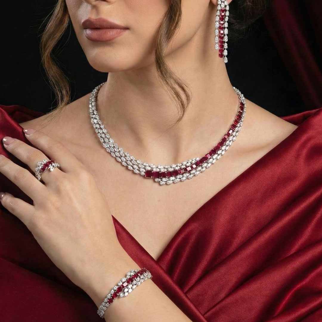Omnia Trinity Red Luxury Bridal Full Set in High Quality Zircon Stone in Rhodium Plated - OMNIASTORES UAE