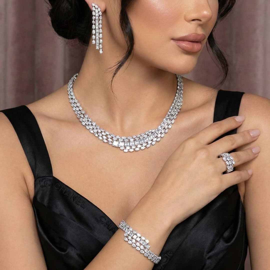 Omnia Trinity White Luxury Bridal Full Set in High Quality Zircon Stone in Rhodium Plated