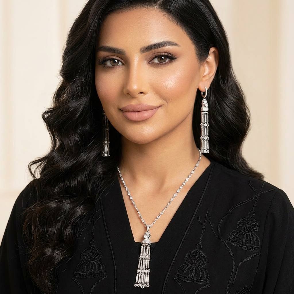 Omnia Vania White Horse Design Long Chain Necklace & Drop Earrings Set in 925 Silver With High Quality Simulated Diamonds