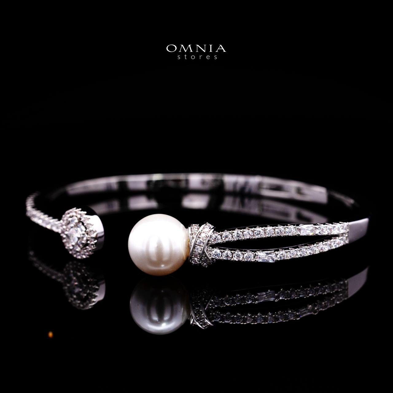 Nilda Pearl Bangle & Ring Set with Premium Simulated Diamonds in Rhodium-Plated Alloy