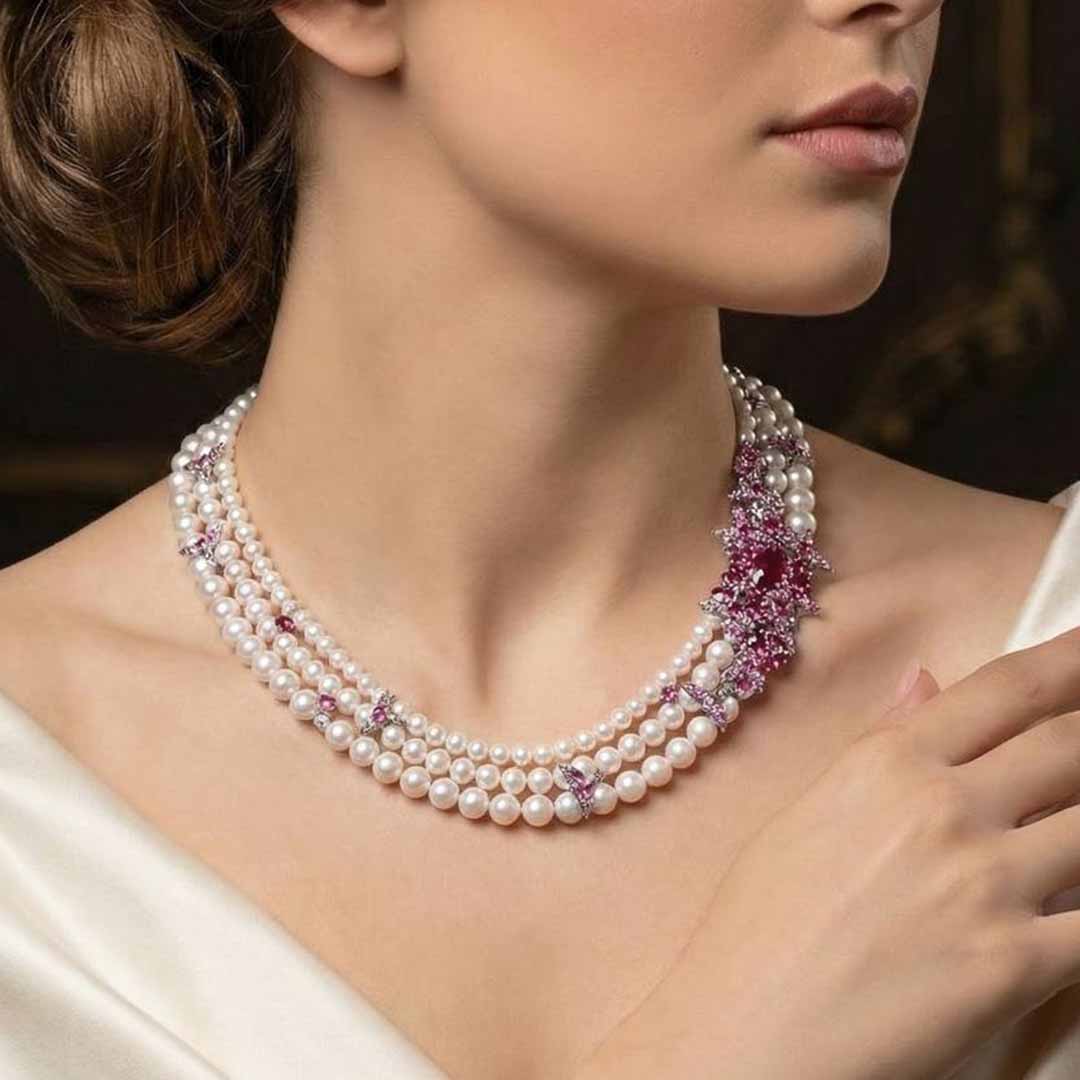 Omnia Blossom Pearl Necklace in 92.5 Silver with High Quality Simulated Diamonds - OMNIASTORES UAE