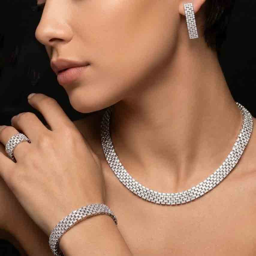 Omnia Zehra White Luxury Bridal Full Set in High Quality Zircon Stone in Rhodium Plated