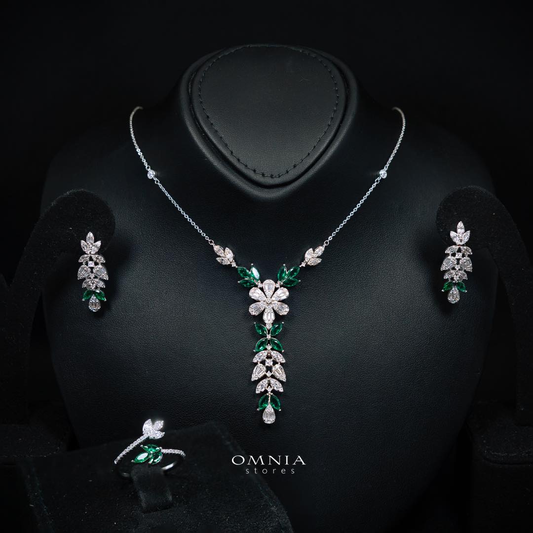 Omnia Leyla Luxury White & Green Necklace, Earrings & Ring Set in High Quality Zircon Stone Rhodium Plated