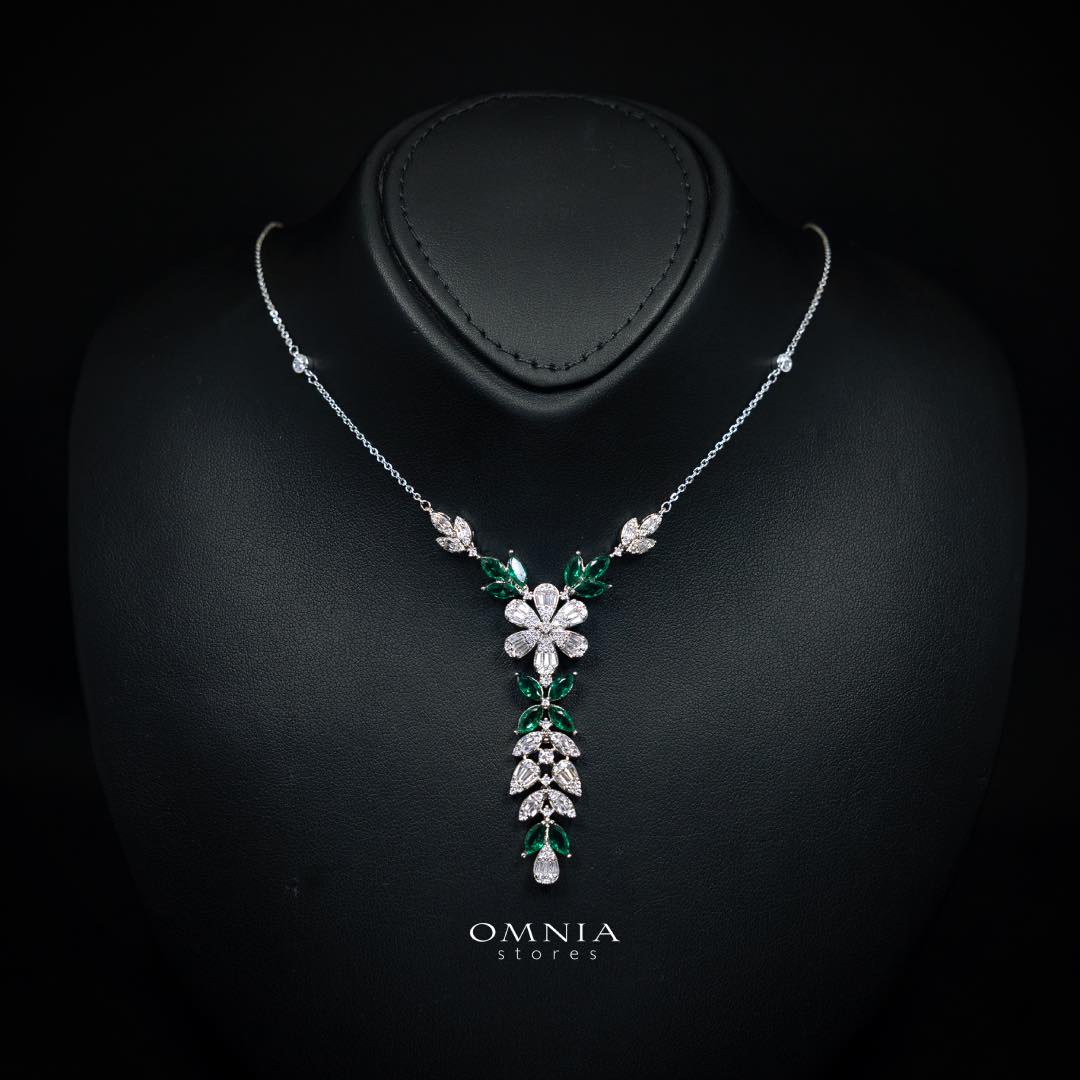 Omnia Leyla Luxury White & Green Necklace, Earrings & Ring Set in High Quality Zircon Stone Rhodium Plated
