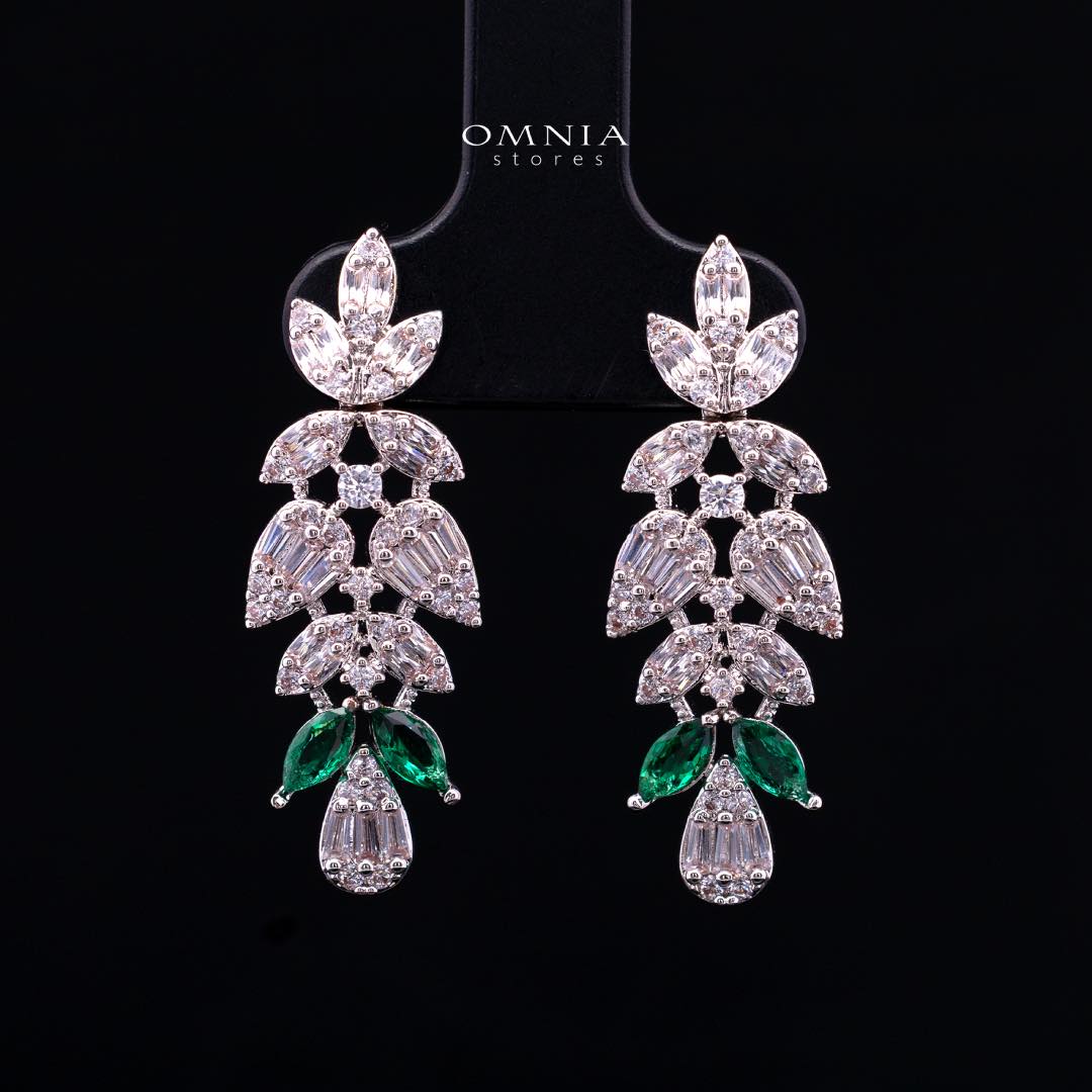 Omnia Leyla Luxury White & Green Necklace, Earrings & Ring Set in High Quality Zircon Stone Rhodium Plated