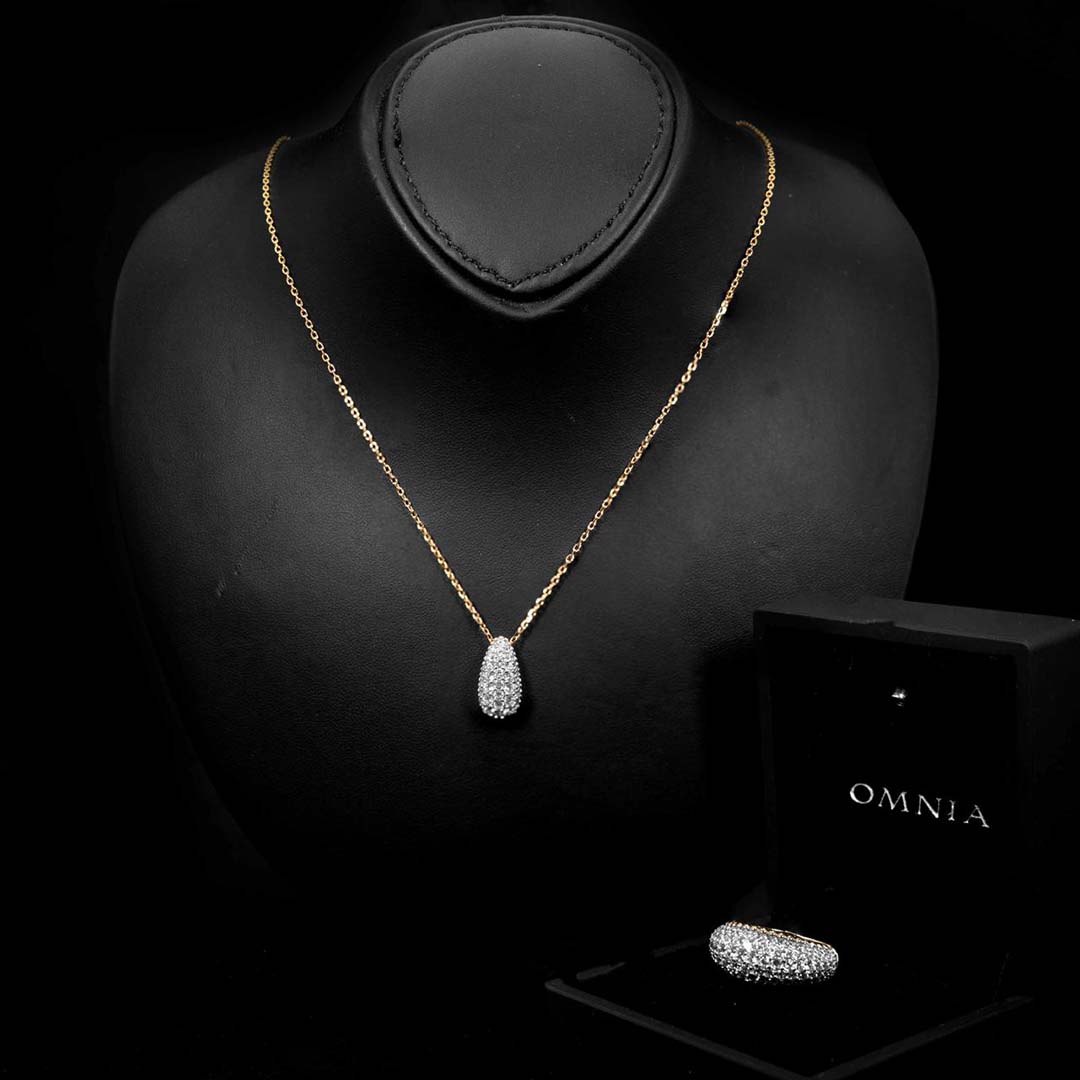 Omnia Taheera Golden Pendant Necklace & Ring Set in 925 Silver With High-Quality White Simulated Diamonds