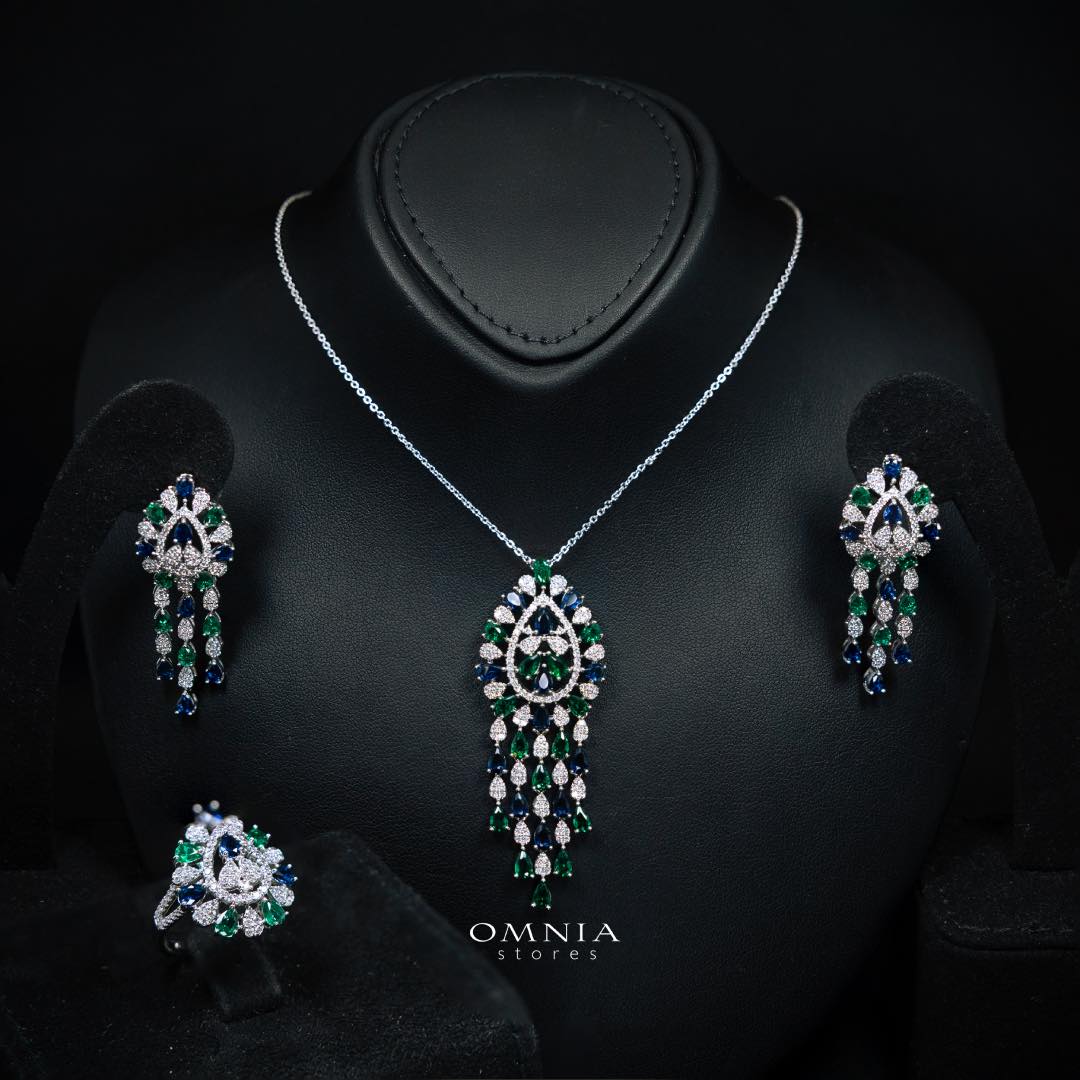 Omnia Aleah Luxury Multi Color Necklace, Earrings and Ring Set in High Quality Zircon Stone Rhodium Plated
