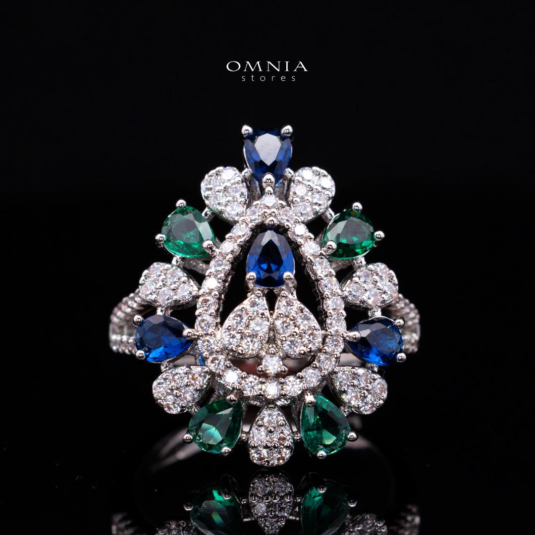 Omnia Aleah Luxury Multi Color Necklace, Earrings and Ring Set in High Quality Zircon Stone Rhodium Plated