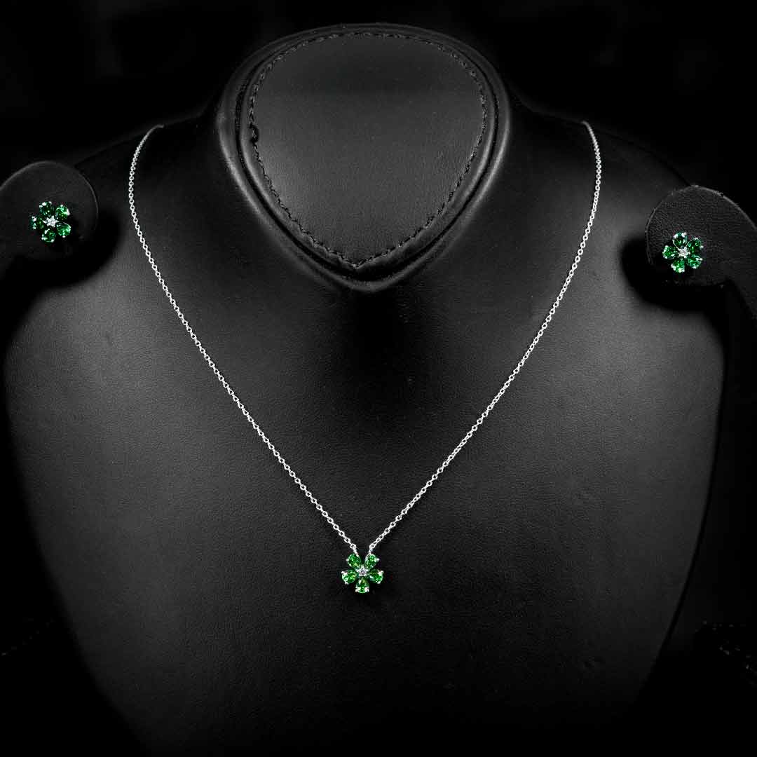 Omnia Emerald Bloom Necklace and Earrings Set In 925 Silver with High Quality Simulated Diamonds