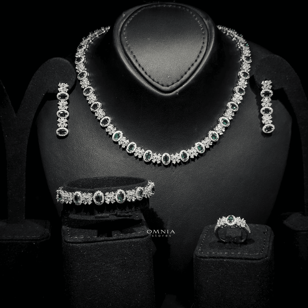Omnia Mira Green Bridal Full Set in High Quality Zircon Stone Rhodium Plated - OMNIASTORES UAE