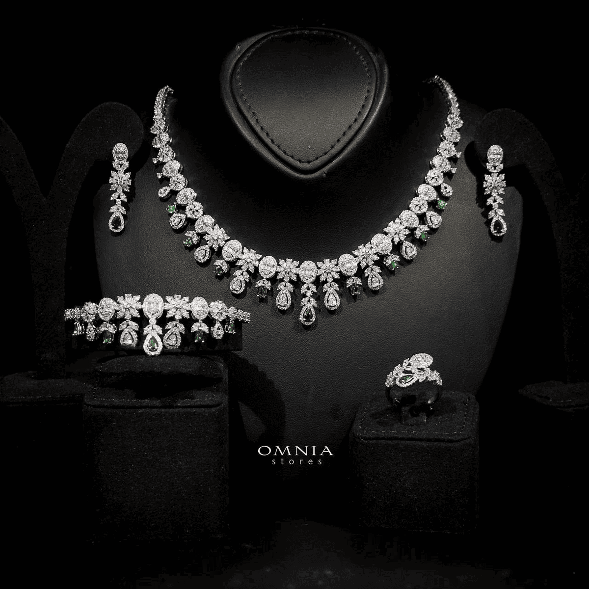 Omnia Trisha Green Bridal Full Set Accessories in High Quality Zircon Stone Rhodium Plated - OMNIASTORES UAE