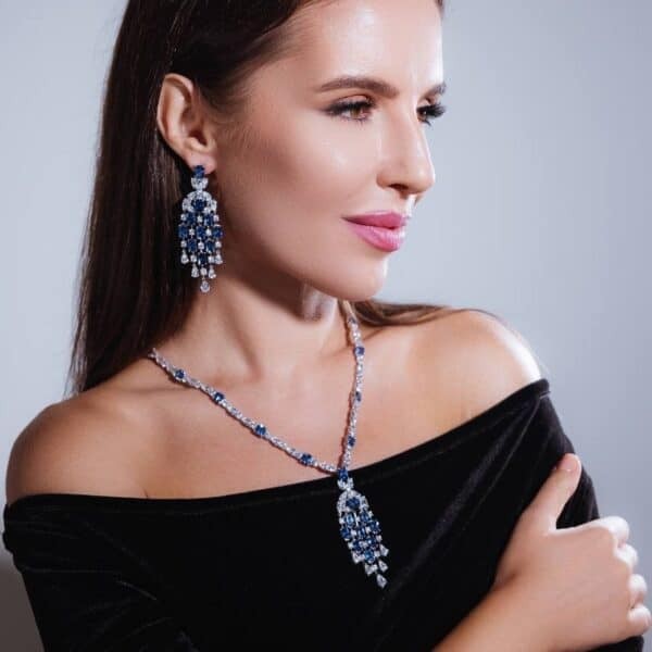 Omnia Israa Blue Chandelier Earrings In 92.5 Silver High Quality Simulated diamonds - OMNIASTORES UAE